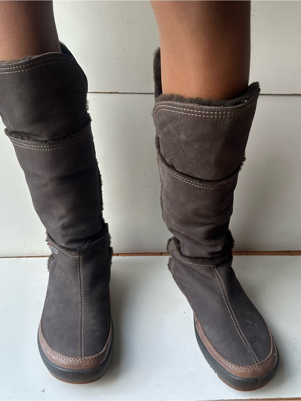ECCO Brown Shearling Lined Tall Winter Boots Women’s US 7-7.5 EU 38 Leather